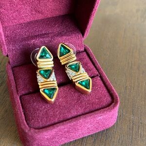 S.A.L. 18k Gold-plated vintage 1980 Emerald Triangle Drop Earrings - w/crystals.